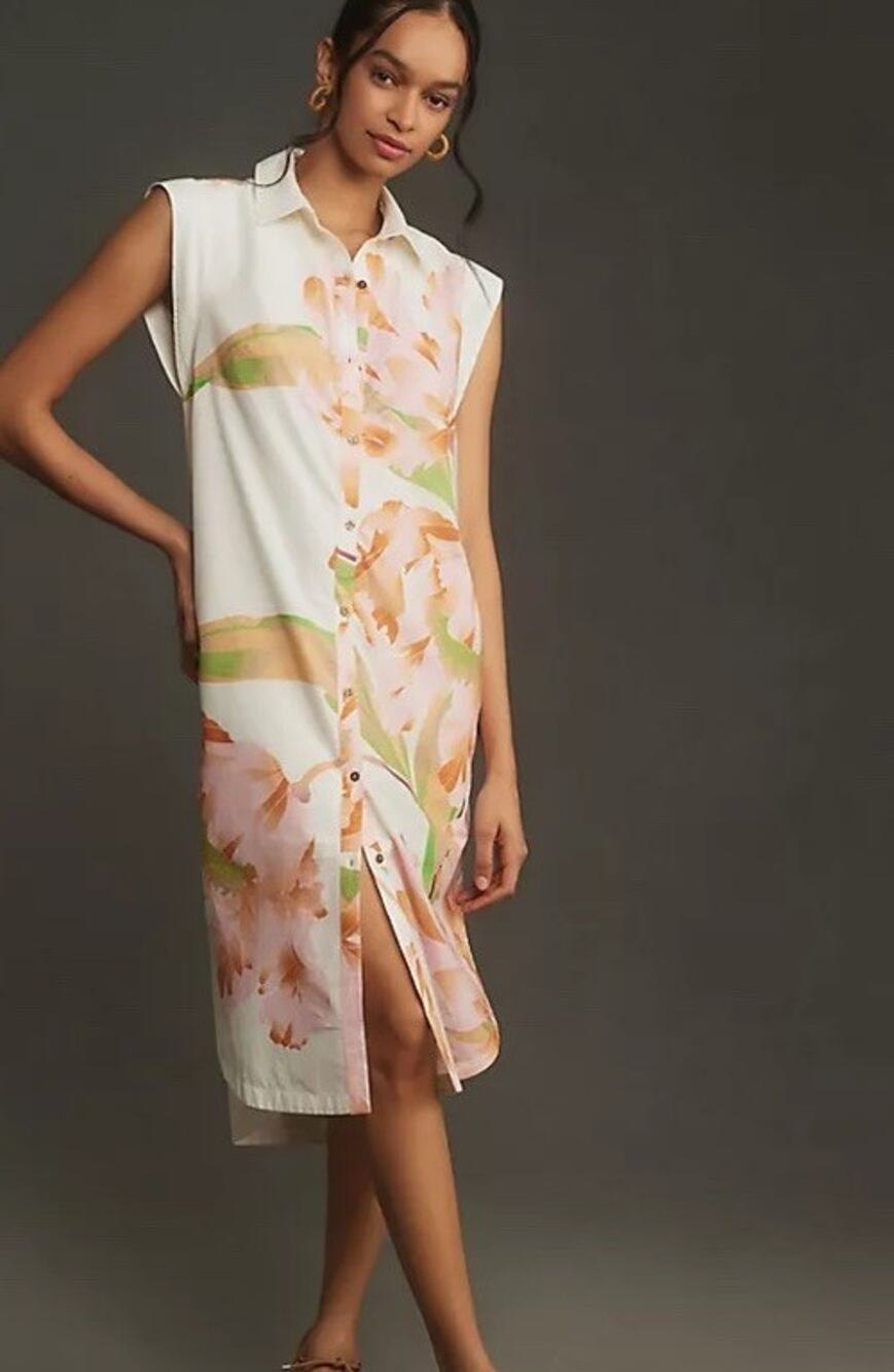 Anthropologie Maeve SZ XL The Lillian Cap Sleeve Floral Button Front Midi Dress